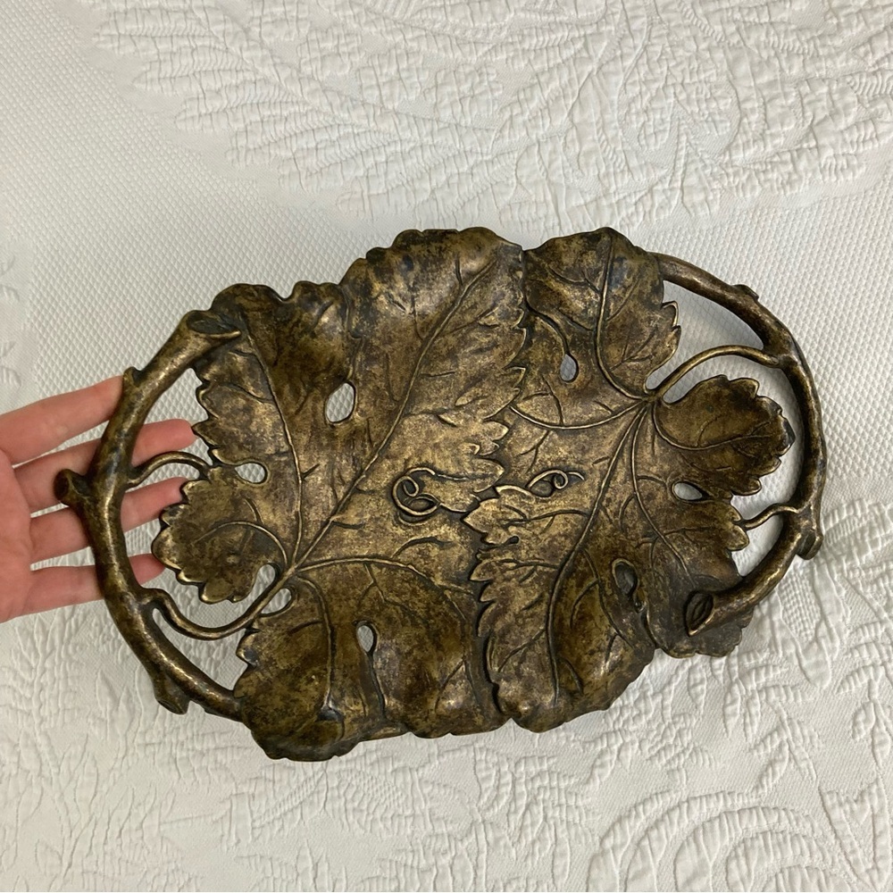 Brass grape vine footed tray dish centerpiece decor Italian Italy ornate metal